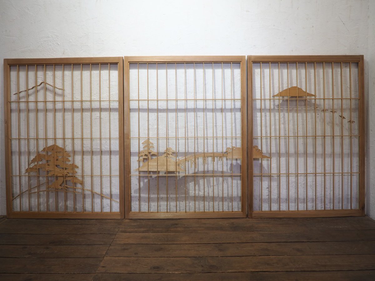 アンティーク昭和レトロ建具障子木製葉と鳥の彫刻付き