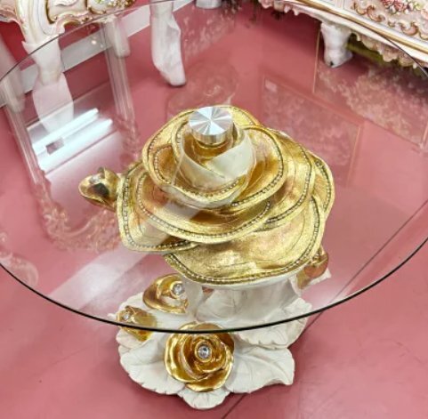 アンティーク調 ロココ調 ゴールドローズ 薔薇のガラステーブル 薔薇の