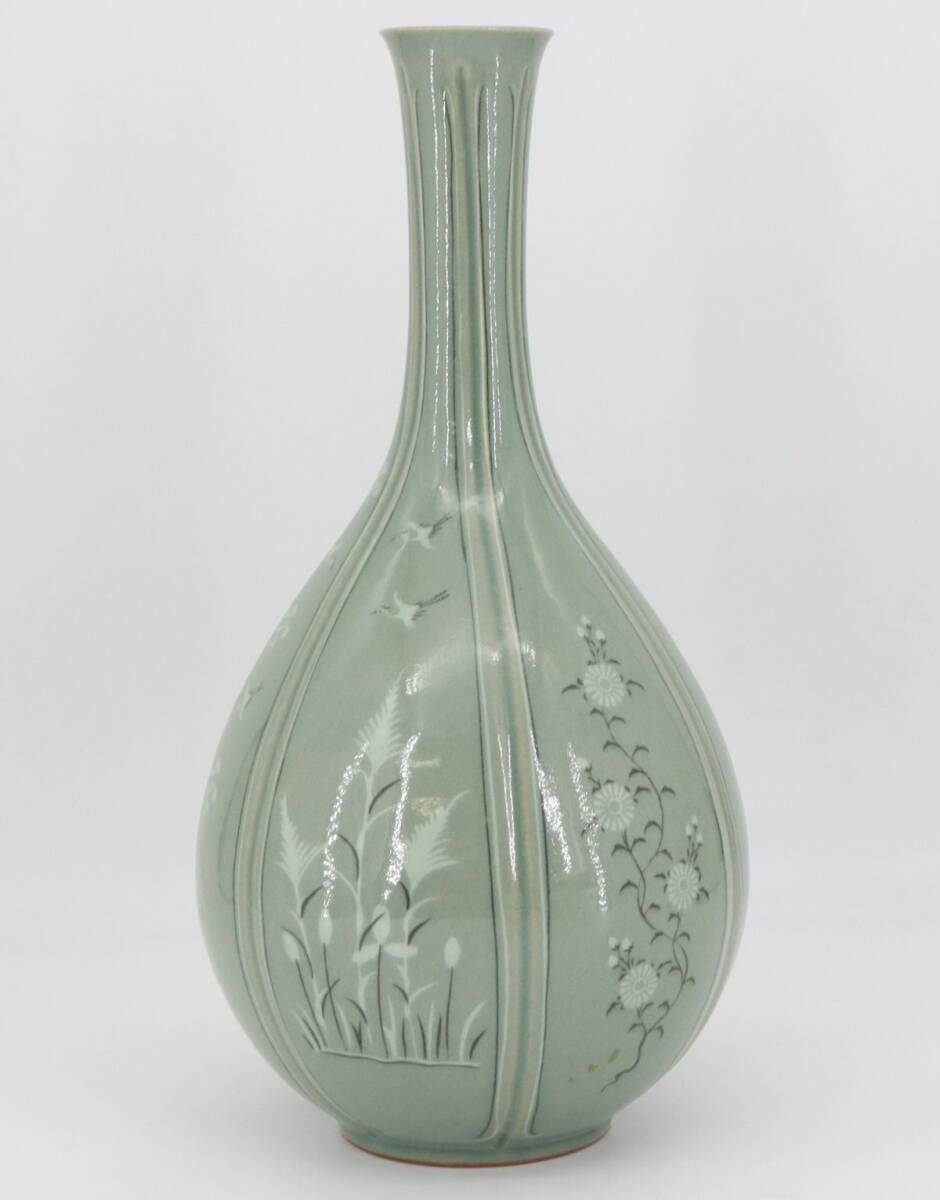 ZEN】 韓国人間文化財 柳根瀅作(柳海剛) 高麗青磁 花入☆茶道具☆