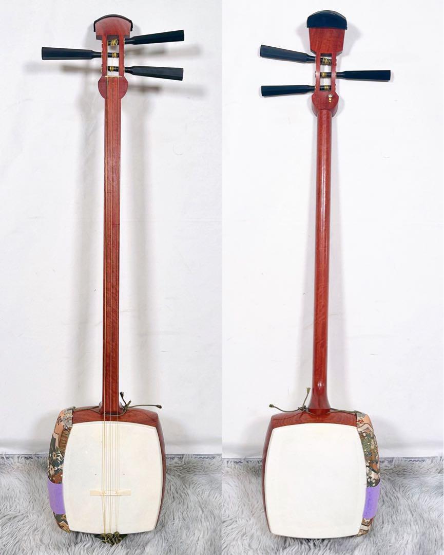 希少】民謡三味線 中棹 花梨 正寸 3分割 丸打胴 撥付き 本皮 希少
