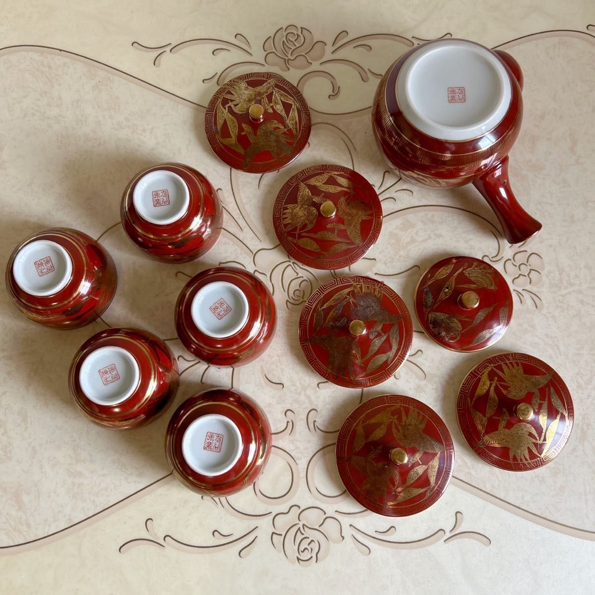 九谷焼 美山造 永楽 金襴手朱雀鳳凰文 高級茶器揃 急須 蓋付湯呑み 五