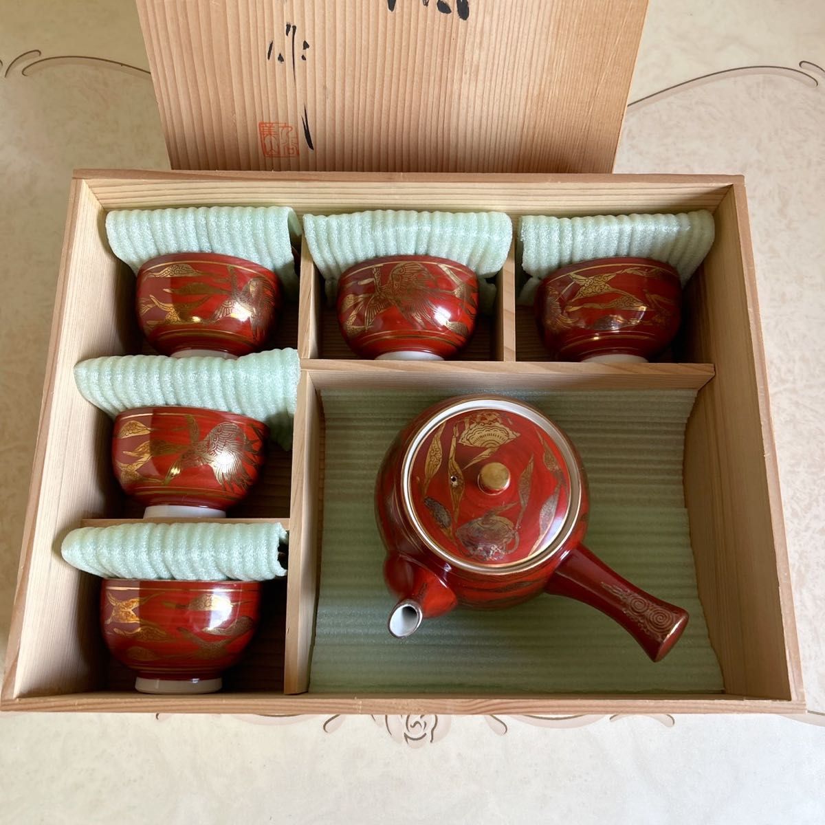 九谷焼 美山造 永楽 金襴手朱雀鳳凰文 高級茶器揃 急須 蓋付湯呑み 五