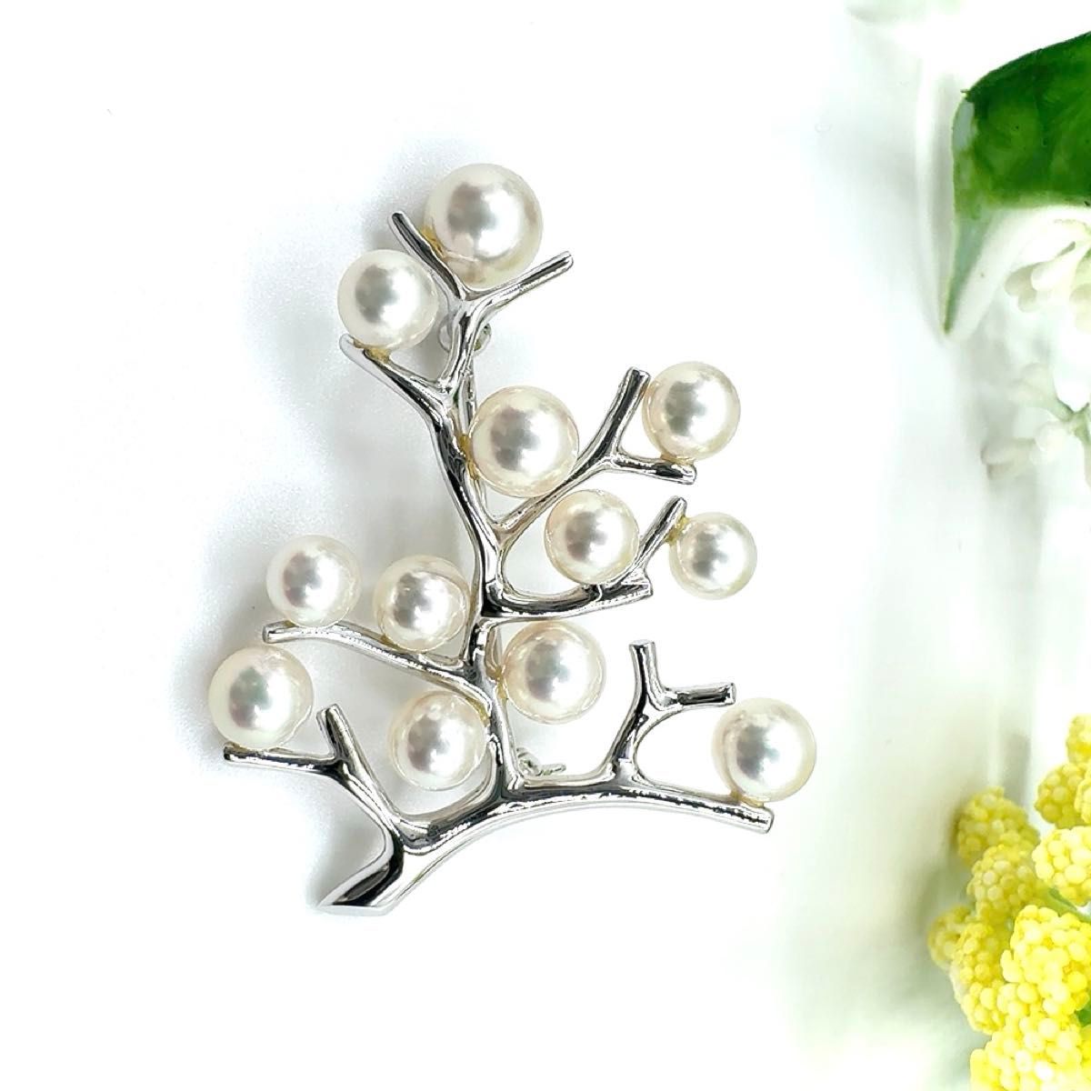 美品 ミキモトMIKIMOTO パール ブローチ 幸福の木 シルバー ラージ