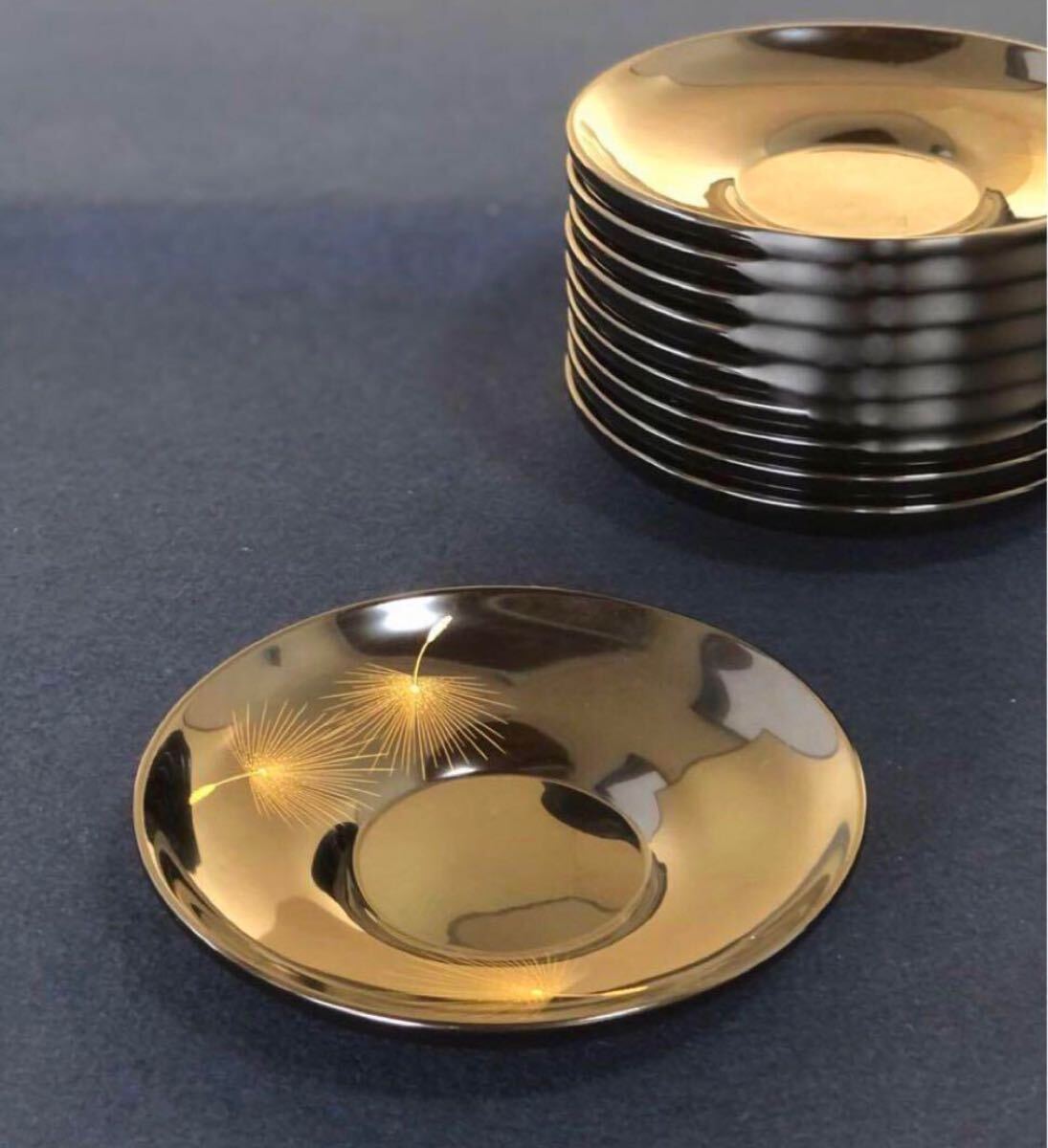 R》輪島塗 黒塗沈金飛花の図 茶托10客 小西啓介作 241111