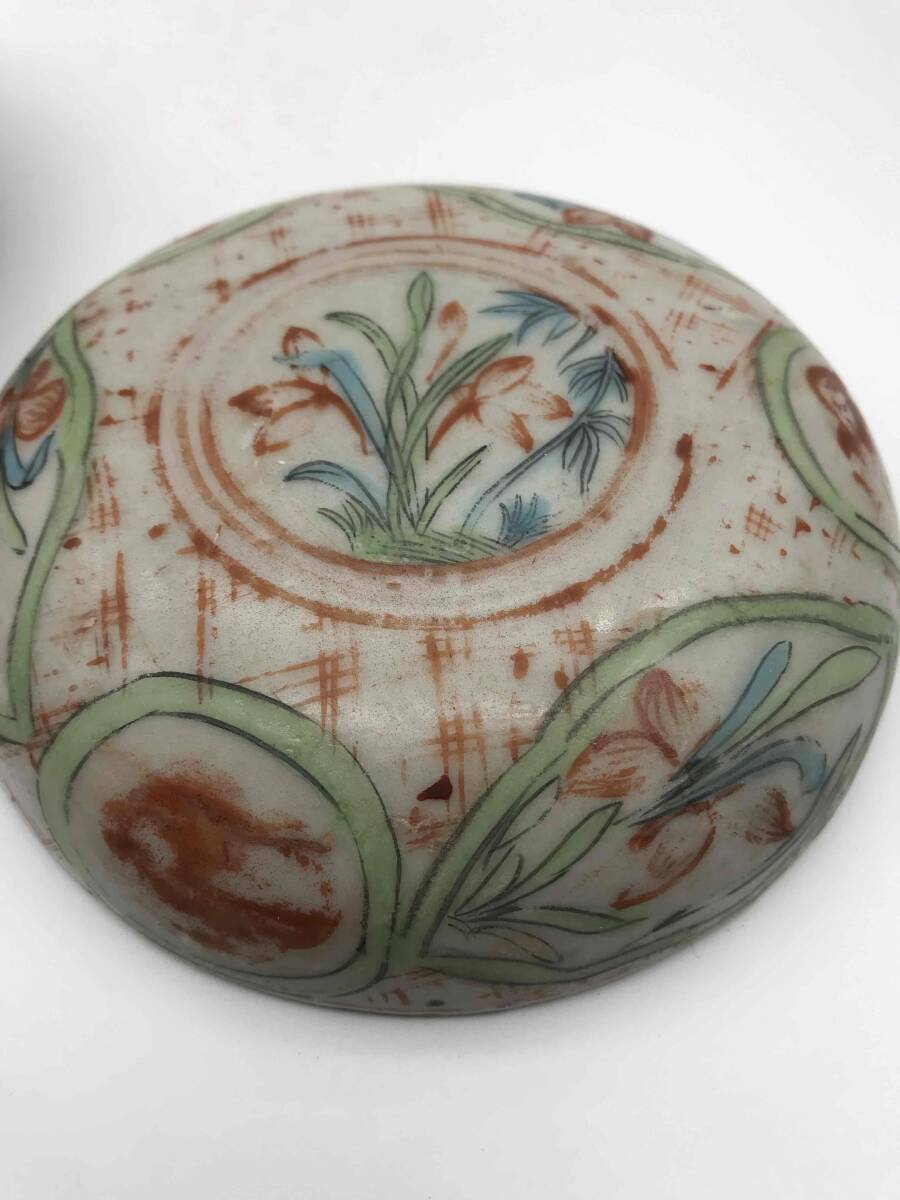 明時代 紅綠彩祥瑞蓮池花卉文 五彩印泥合子 香盒 香合 茶道具(C-37