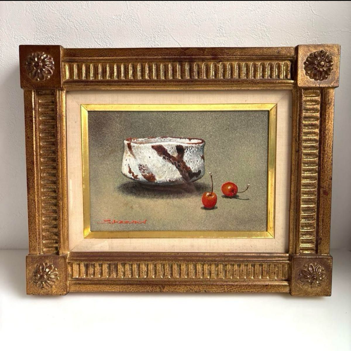 G01）小坂正次 油絵 志野茶碗とサクランボ 油絵 【公式通販】