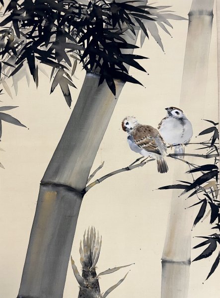 作者不詳作 落款印譜在 絹本花鳥画 無花果に雀図 額装仕立て 作者不詳