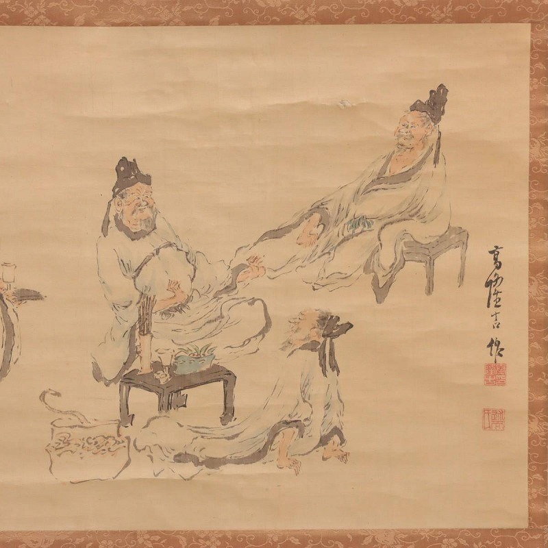 真作】高久隆古 掛軸 絹本 肉筆 彩色「飲中四僊図」落款 印