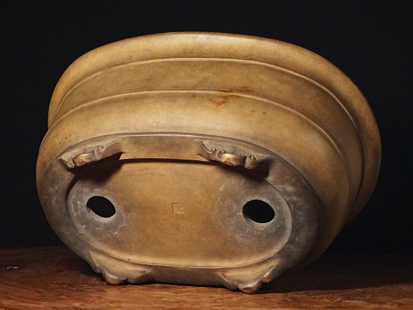 送料無料民国宜興白泥/段泥大花鉢『銭建英造』款幅31.5cm中国古玩骨董