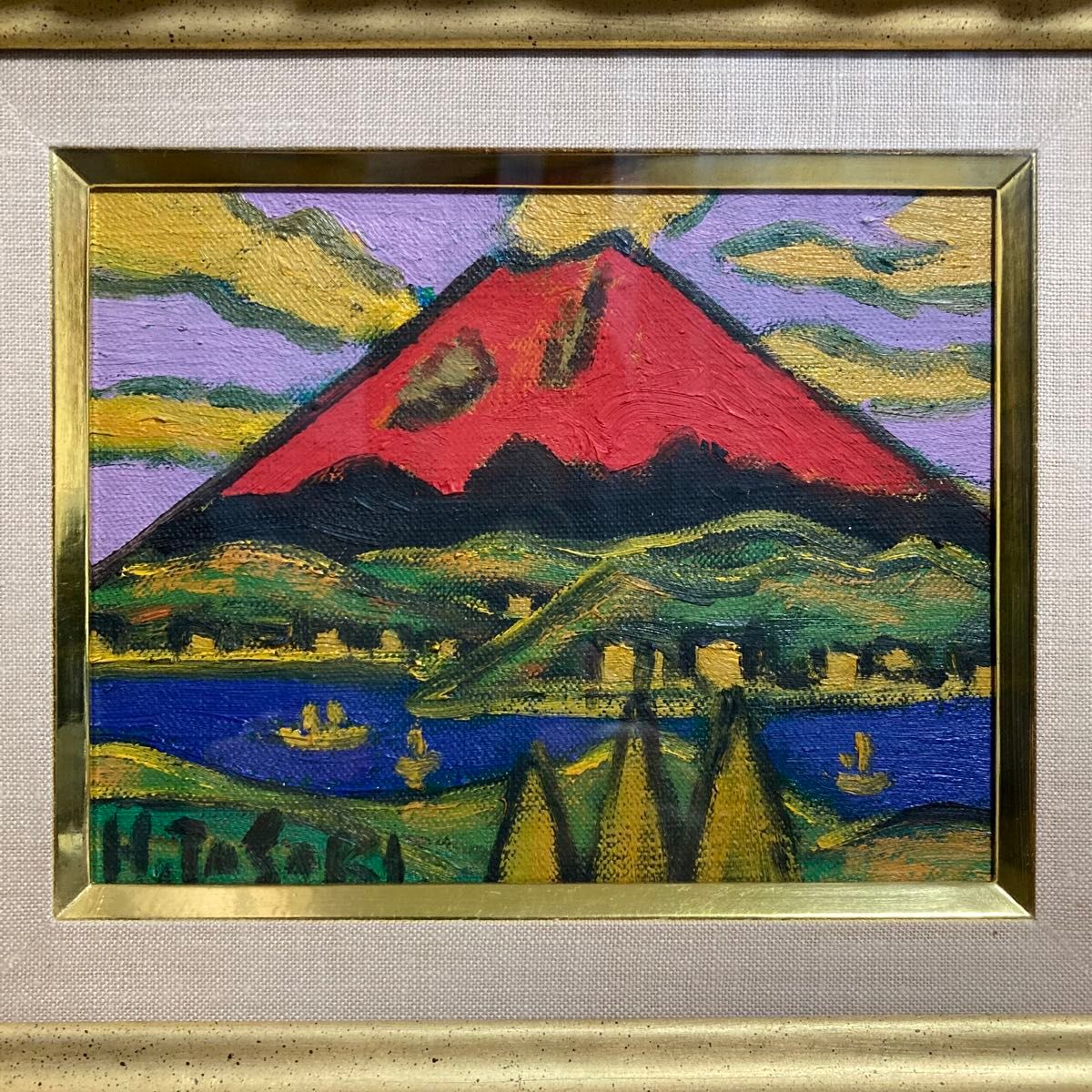 真作保証】田崎広助「朱富士」油彩0号 直筆サイン 裏書き 鑑定有り 赤