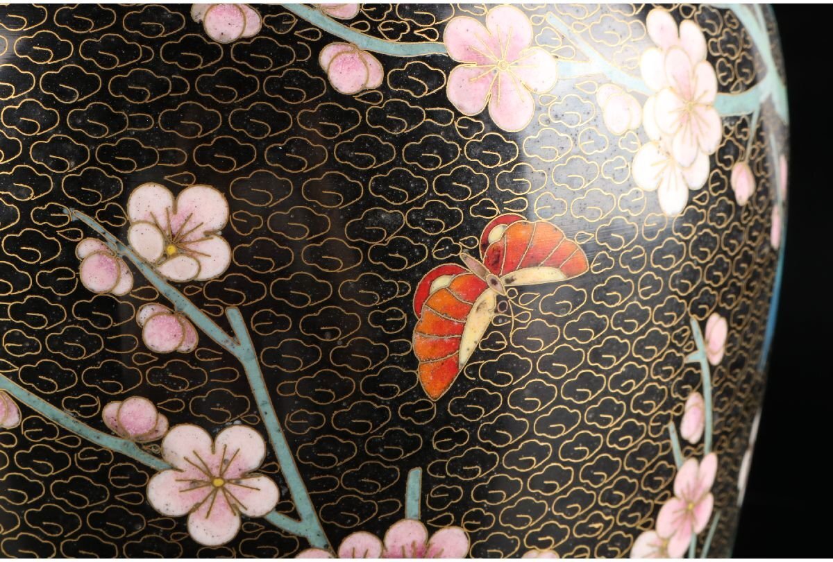 専用】中国美術 七宝焼 金彩 花鳥図 梅に時鳥 大花瓶 花器 花詰 壺