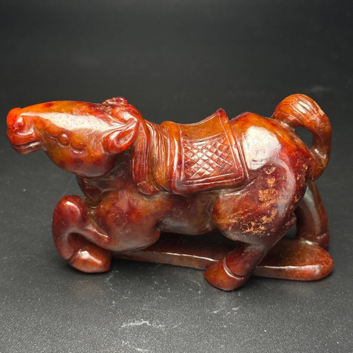 蔵友旧蔵出 和田玉製 細密彫 古玉 馬到成功 馬尊 希少珍品