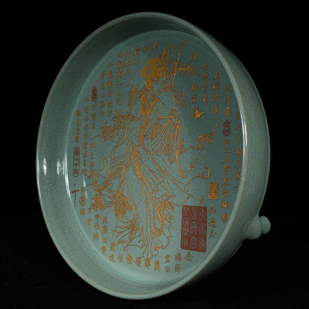 蔵友旧蔵出 宋 汝窯 銘文 仕女紋 三足洗 稀少珍品 貴重