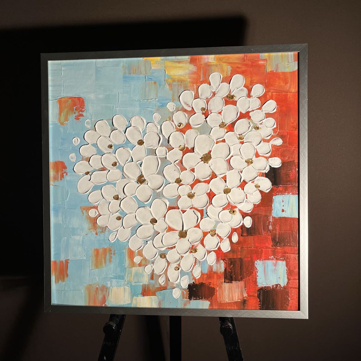 ☆立体絵画☆ 手書き油絵 ハートフラワー額付き 肉筆絵画 インテリア