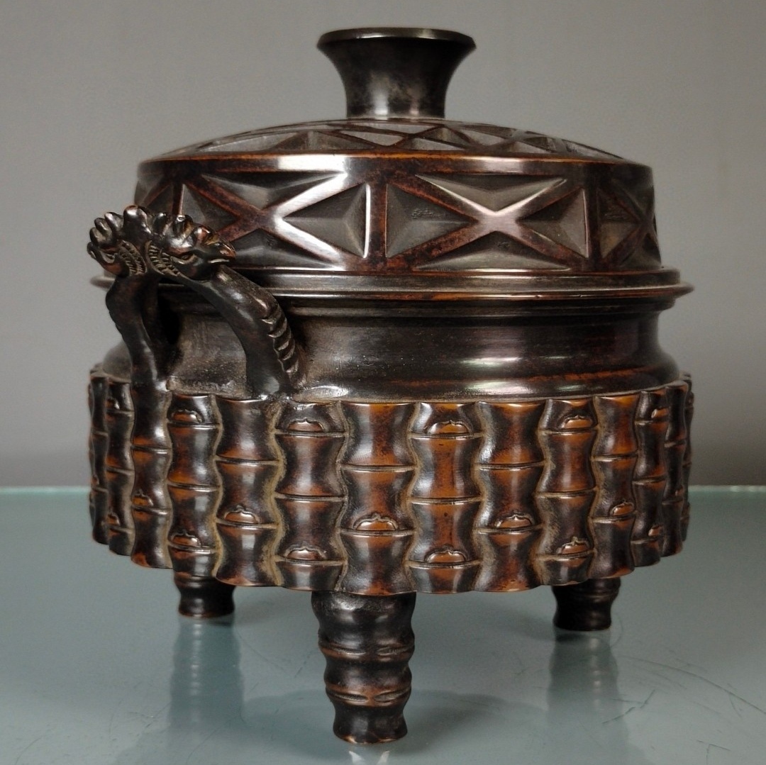 旧蔵 大明 宣德年製 紫銅 竹節 燻香炉 香道具 銅製 銅器 極細工