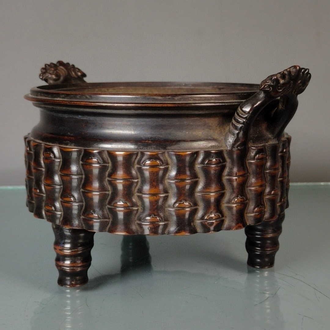 旧蔵 大明 宣德年製 紫銅 竹節 燻香炉 香道具 銅製 銅器 極細工