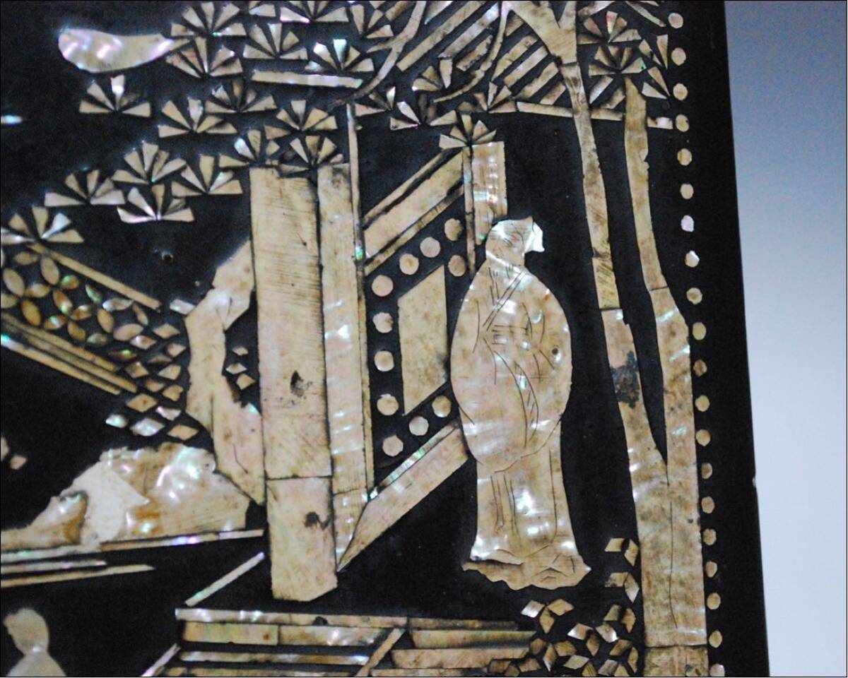 朝鮮美術 李朝時代 木製黒漆塗 螺鈿細工 楼閣賢人図 硯箱 文箱 書道具