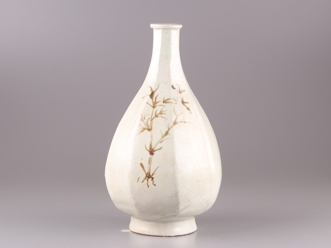 古美術 朝鮮古陶磁器 李朝 白磁 鉄絵 面取 花瓶 時代物 極上品 初だし