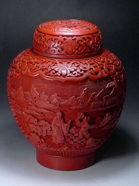 中国美術 堆朱花瓶 人物山水 細密彫刻 煎茶道具 茶道具 アンティーク