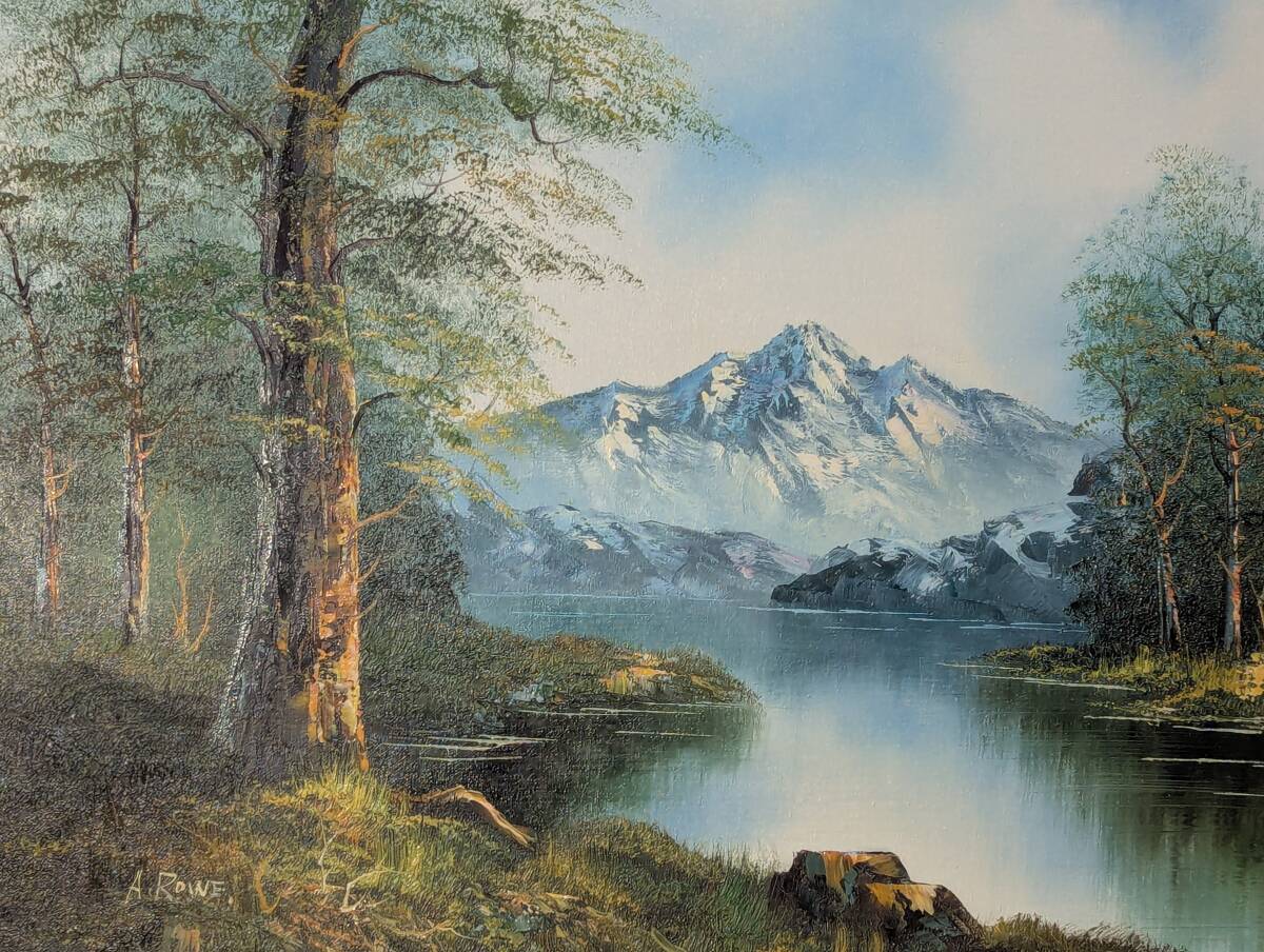 真作】絵画 油彩10号 湖畔と雪山 静謐な自然美あふれる風景画 Y51