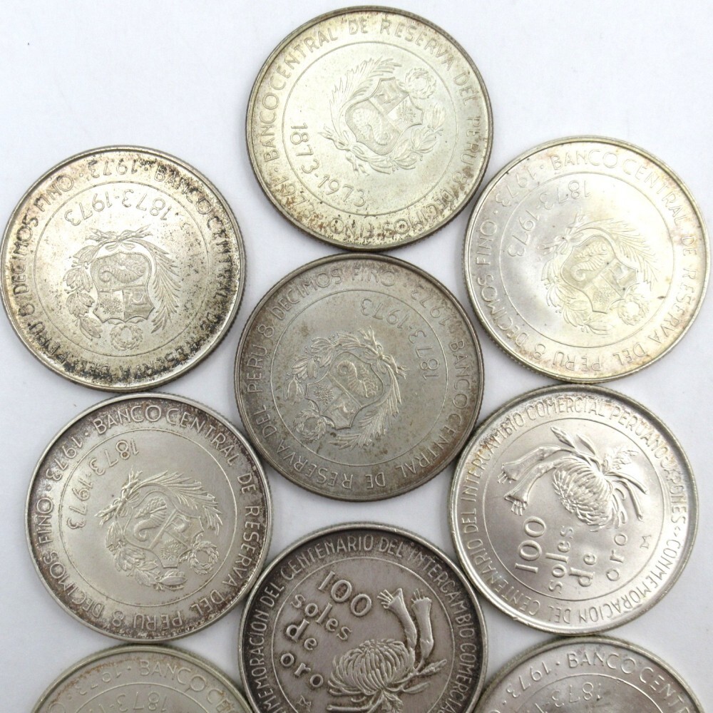 ◇H-46295 ペルー 1973年 修好100周年記念 100ソル銀貨 まとめて硬貨
