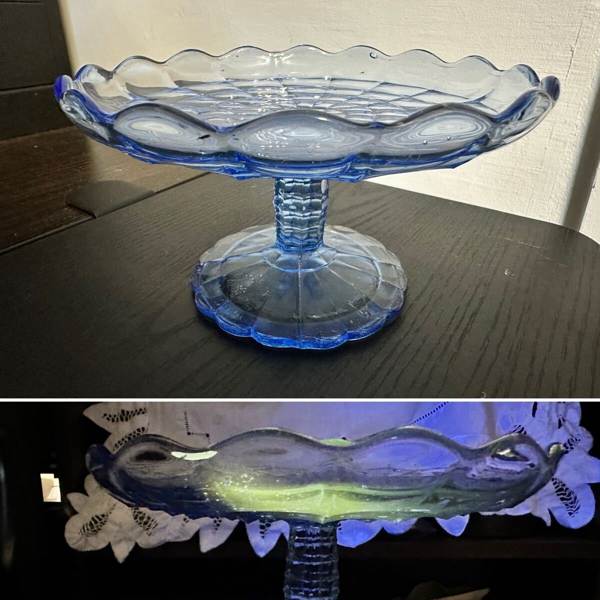 骨董 時代ガラス 希少3色 ピンク色暈し フリル 盃洗 コンポート