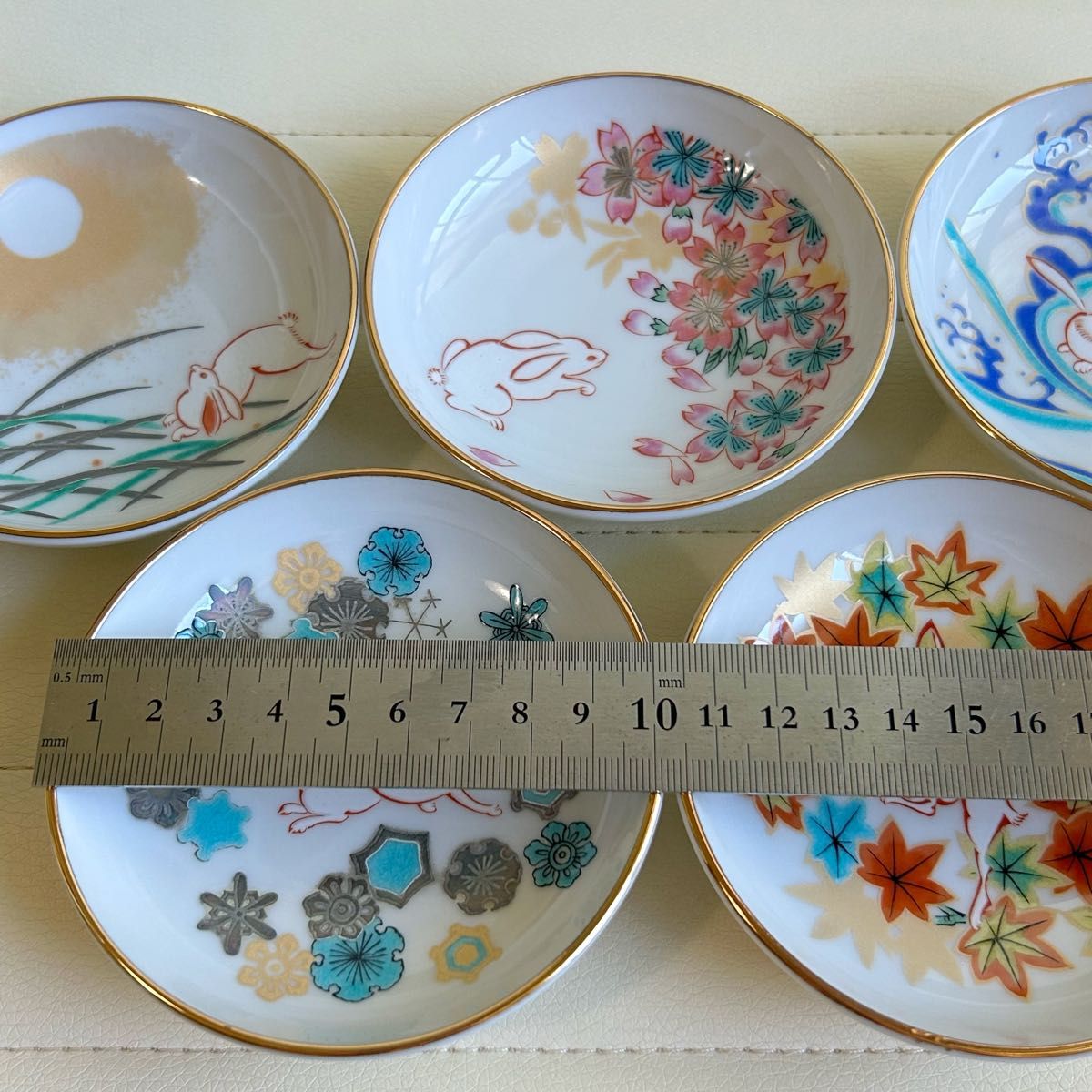 九谷焼 順風堂 絵変わり 色絵うさぎ 金彩 小皿揃 5枚セット 銘々皿 豆