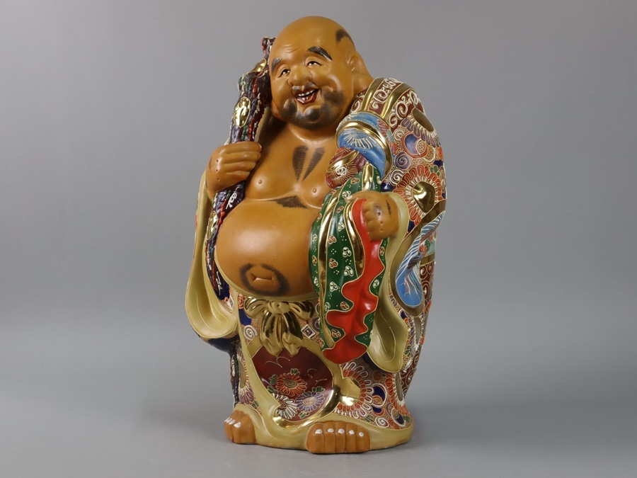 時代 九谷焼 色絵金彩 特大布袋像 高49cm 置物 購入 縁起物 細密細工