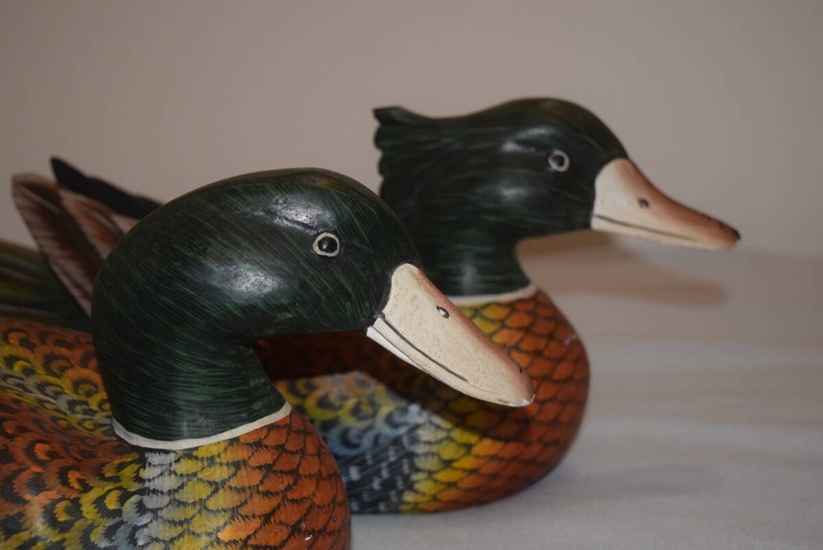 全長約40㎝実物大！□大型木製カモ2個セット□デコイ鳥木彫り彫刻彩色