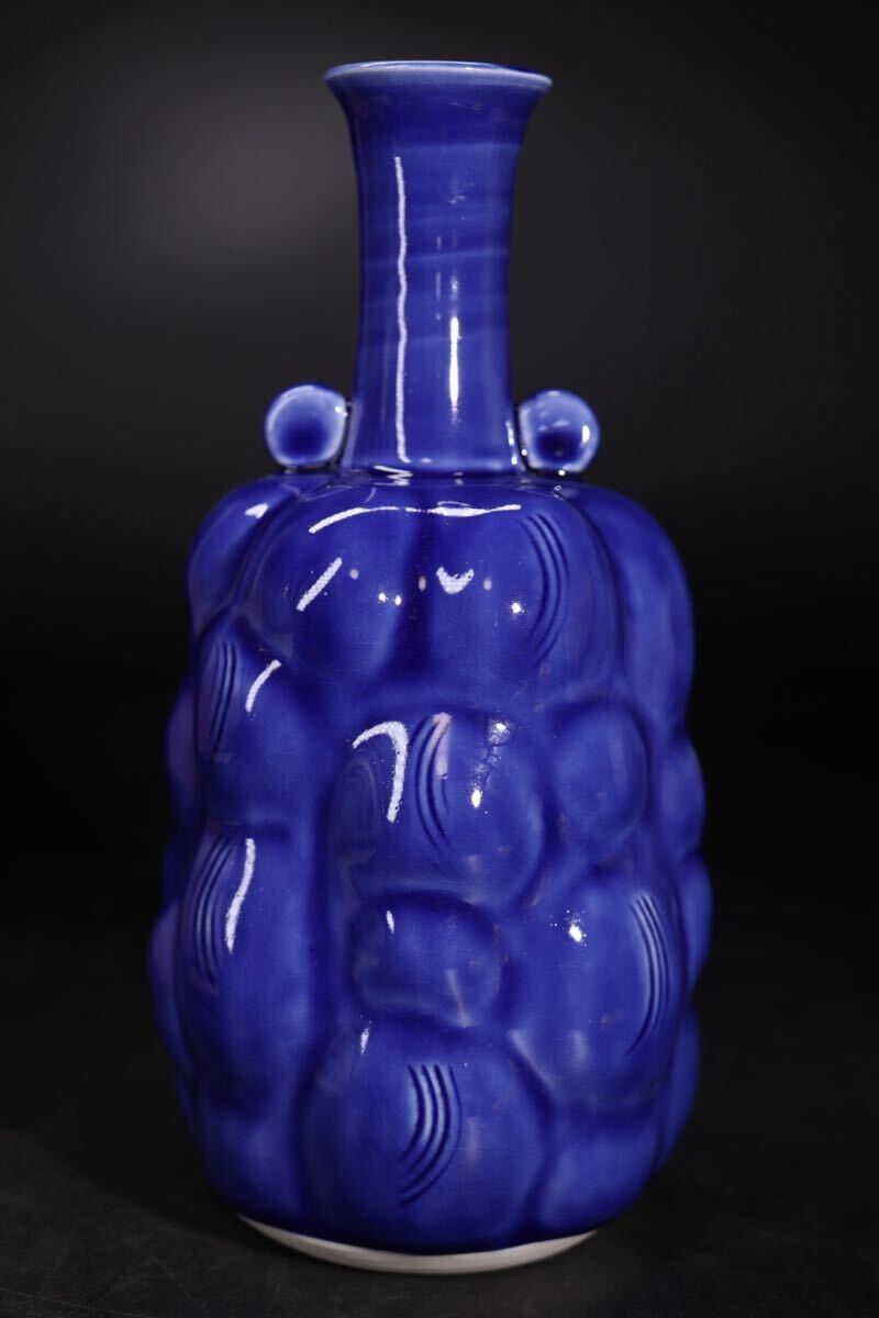 人間国宝 加藤卓男 主催 幸兵衛窯 「 瑠璃釉 櫛目花生 」 栞・共箱付