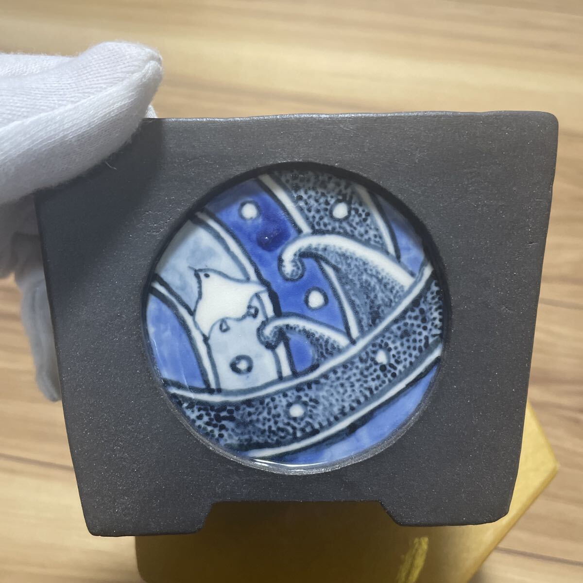 盆栽鉢 桑津香石 植木鉢 絵鉢 山野草 四角 落款印あり 鳥 大きめ