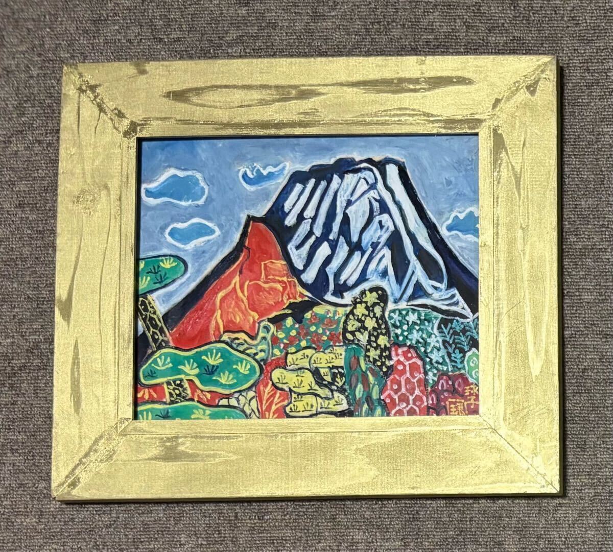 F6号】片岡球子（桜咲く富士）手描き/表裏サイン有り/油彩/アクリル