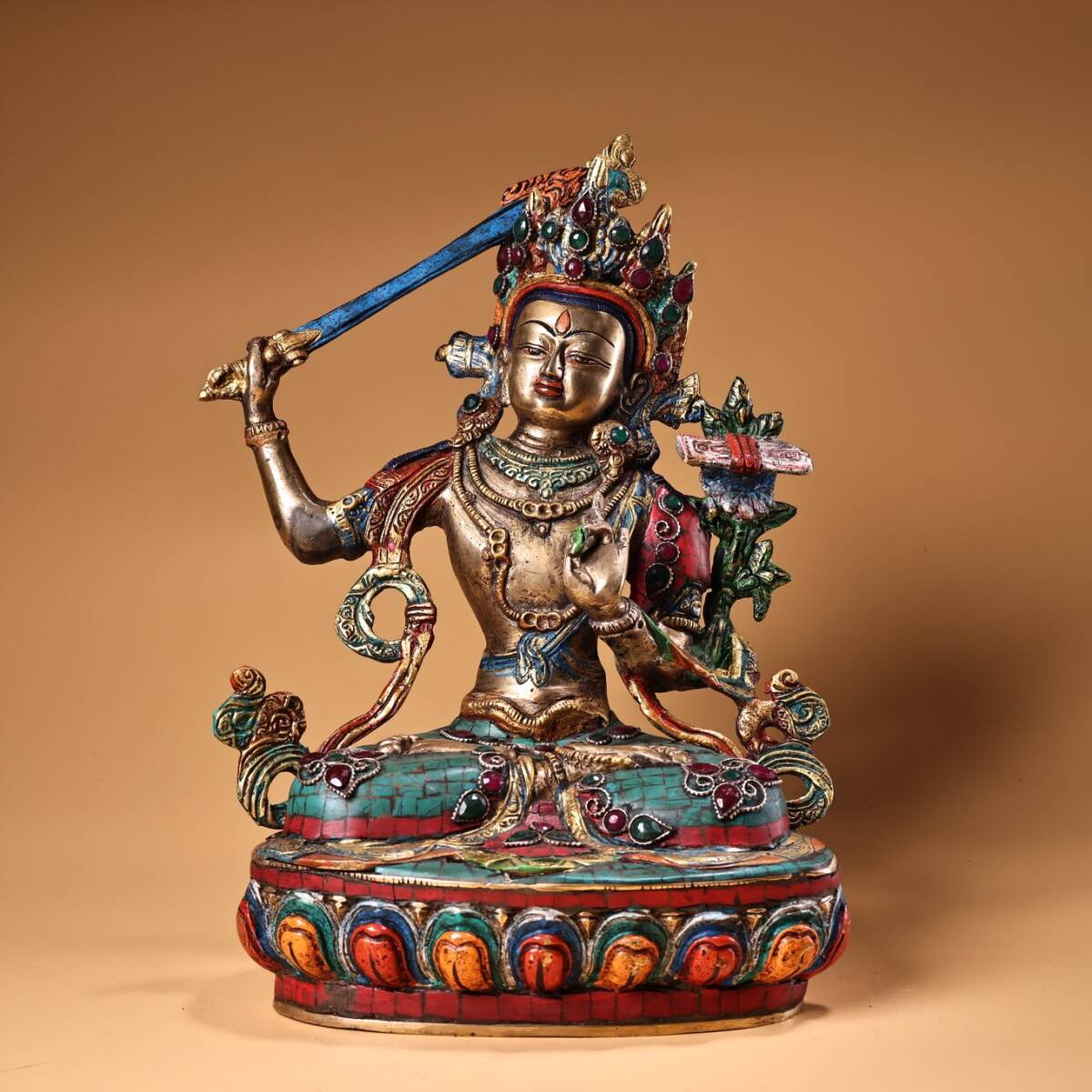 超珍館蔵】銅製 寶石嵌 描金 彩繪 文殊菩薩像 仏像 宗教 仏教古