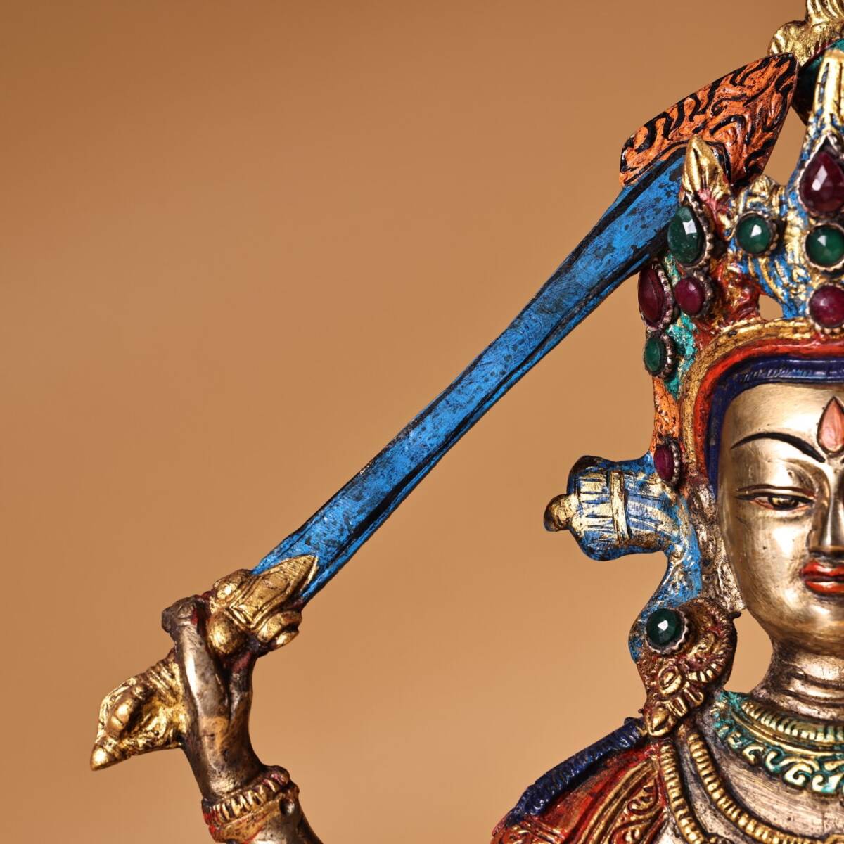 超珍館蔵】銅製 寶石嵌 描金 彩繪 文殊菩薩像 仏像 宗教 仏教古