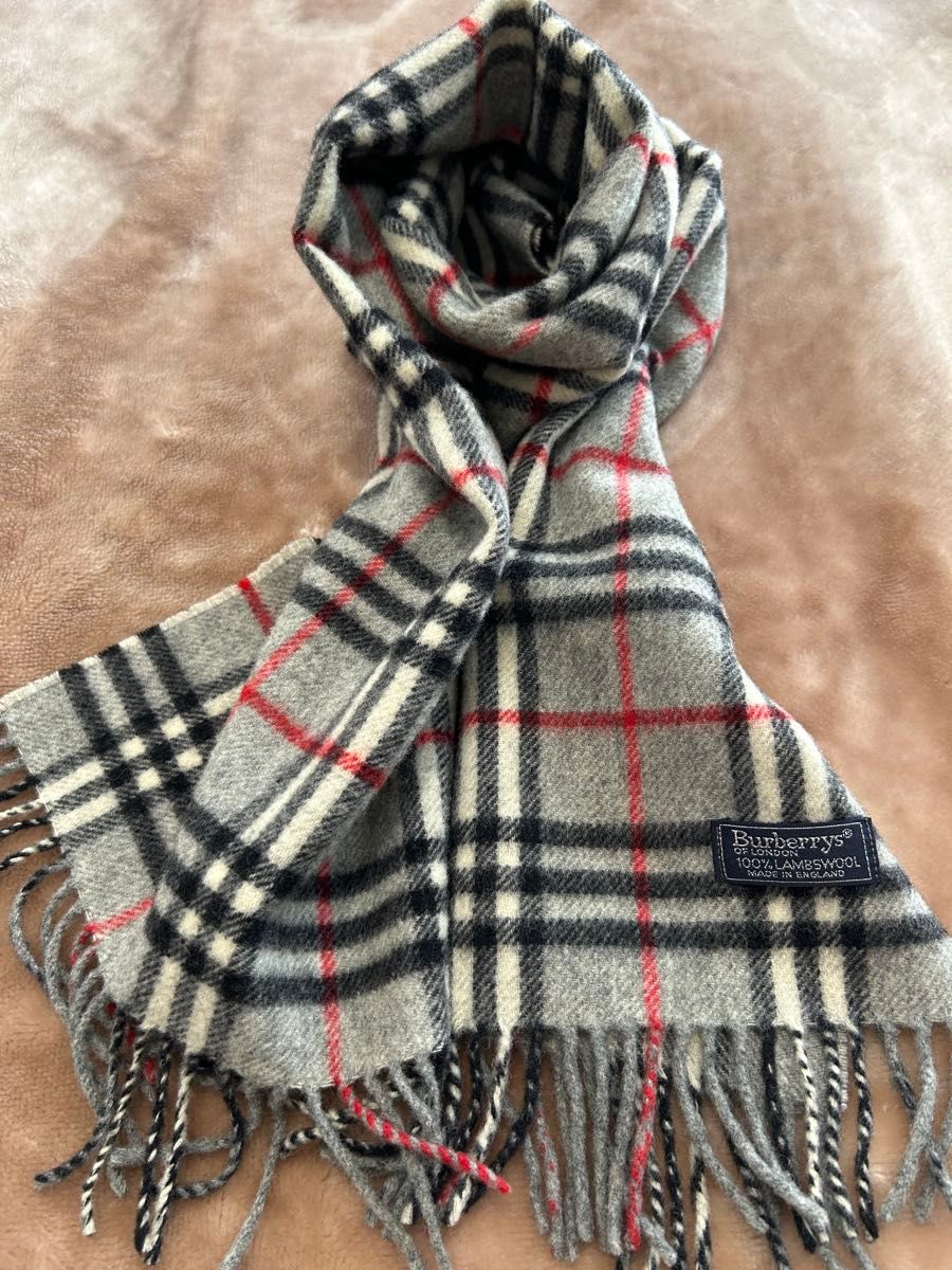 美品】Burberrys グレー チェック マフラー ウール100% バーバリー