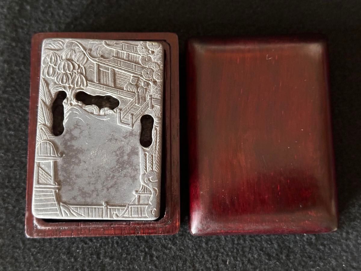 端渓蘭亭硯 細密彫刻 唐木箱付 書道具 7 5x 5x 3cm 未使用 B 唐物