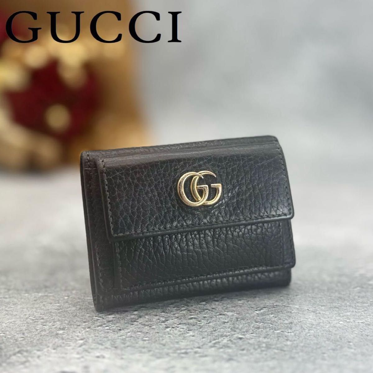 GUCCI / 三つ折り財布_GGマーモント/レザー/BLK/無地/メンズ GUCCI