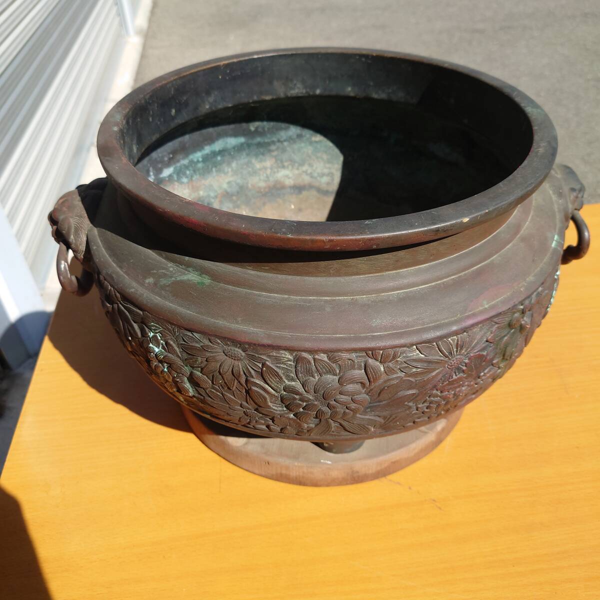 E926 年代物 『真鍮製火鉢』 象嵌入り 鉄瓶付き 6点セット レトロ品 火鉢