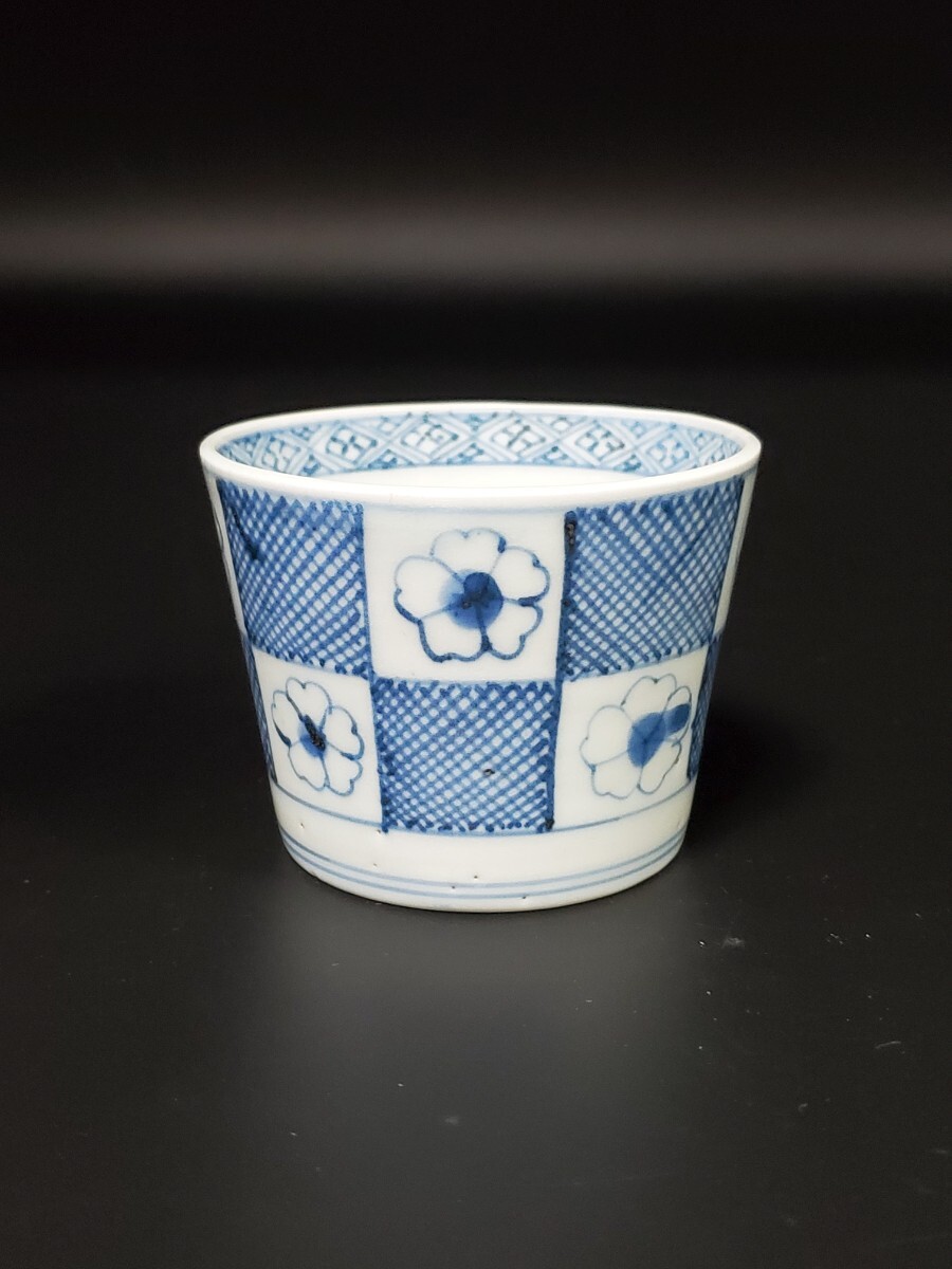 蔵出し品 古伊万里焼 時代 染付 格子文 蕎麦猪口 6客(染付)