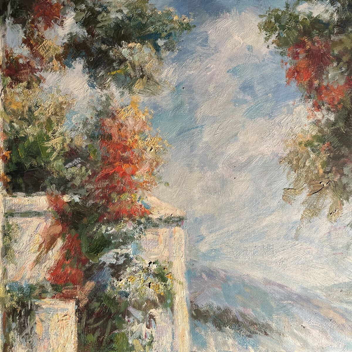 ☆特大☆手書き油絵 テラス 肉筆絵画 インテリア 公式 油彩画