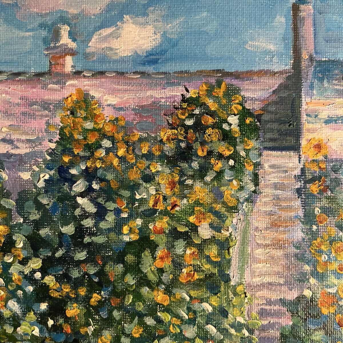 ☆秀作☆手書き油絵 クロード・モネ ヴェトゥイユの画家の庭 額付 絵画