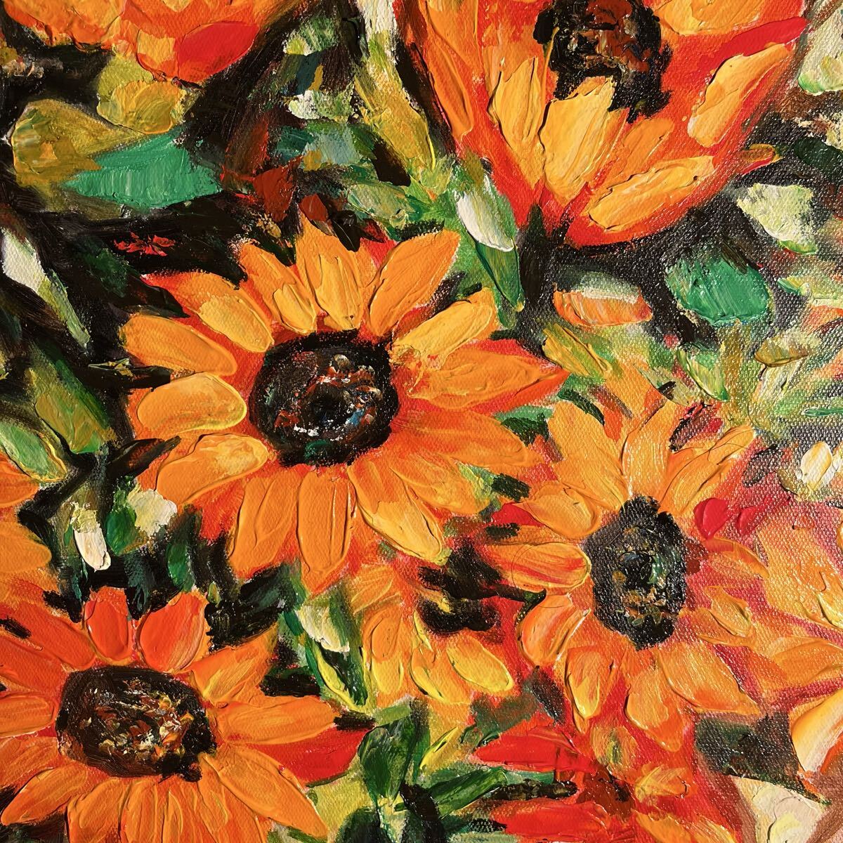 手書き油絵 ひまわり 額付 肉筆絵画 インテリア 油彩画 手書き油絵