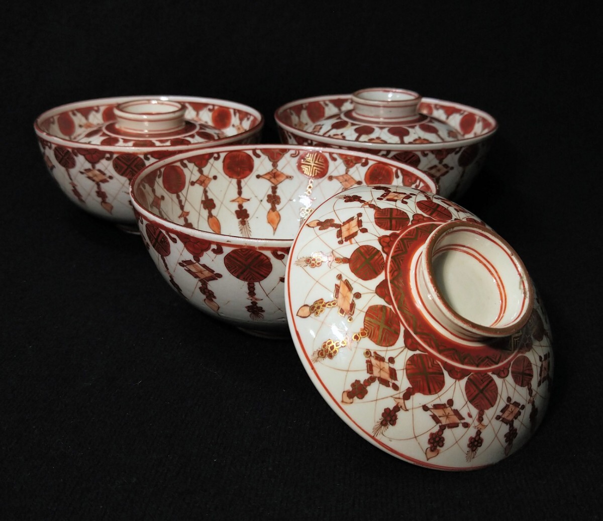 九谷焼 金彩 赤絵 瓔珞文 12cm 蓋付茶碗 3客揃 江戸期 bsiptr-57b4654-