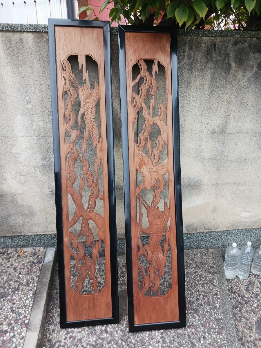 欄間 松、鶴 2枚セット 木彫 彫刻 和室 床の間 らんま 昭和 リフォーム