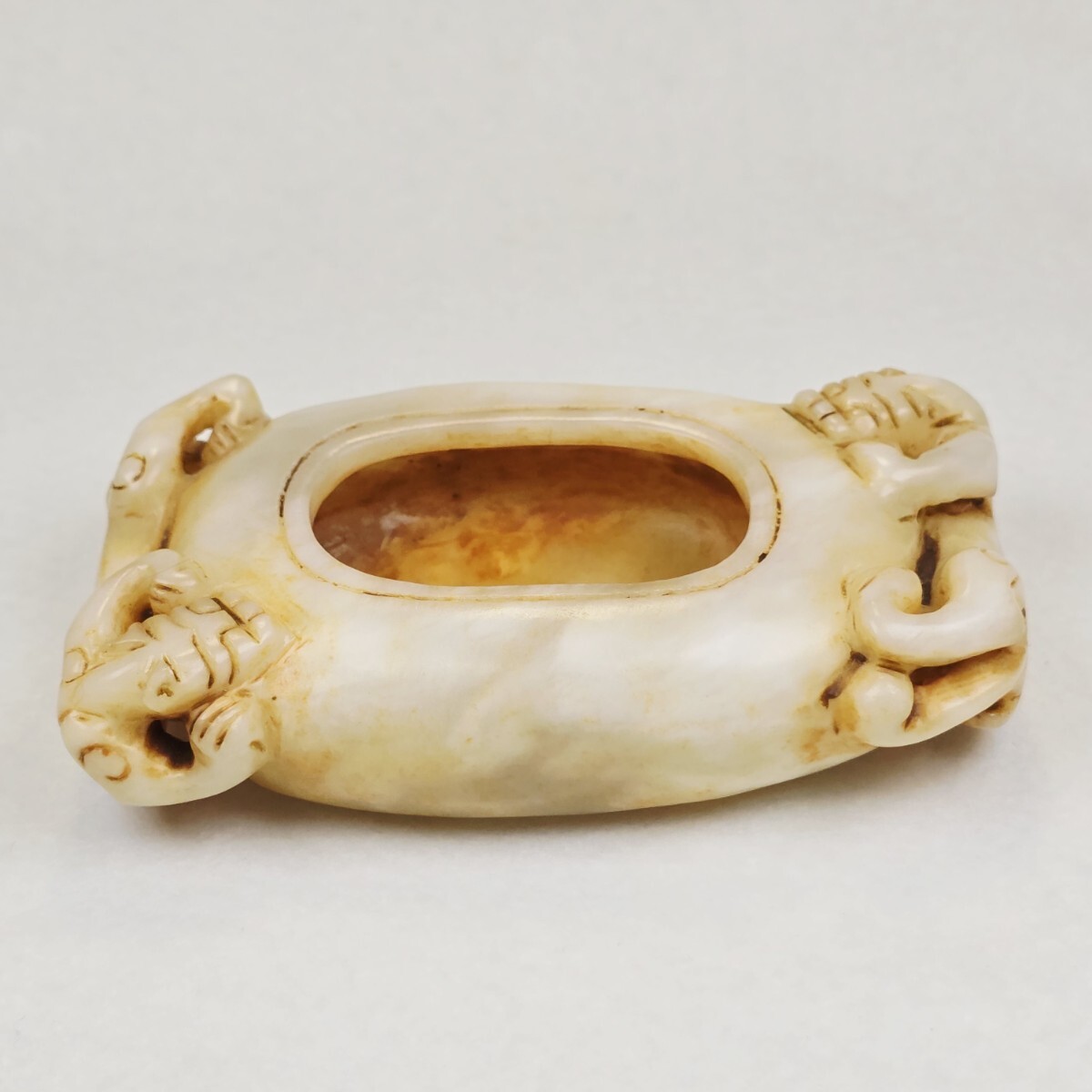 古文房具 本物和田白玉 原石 手彫 清代 双龍出郭 筆洗 筆