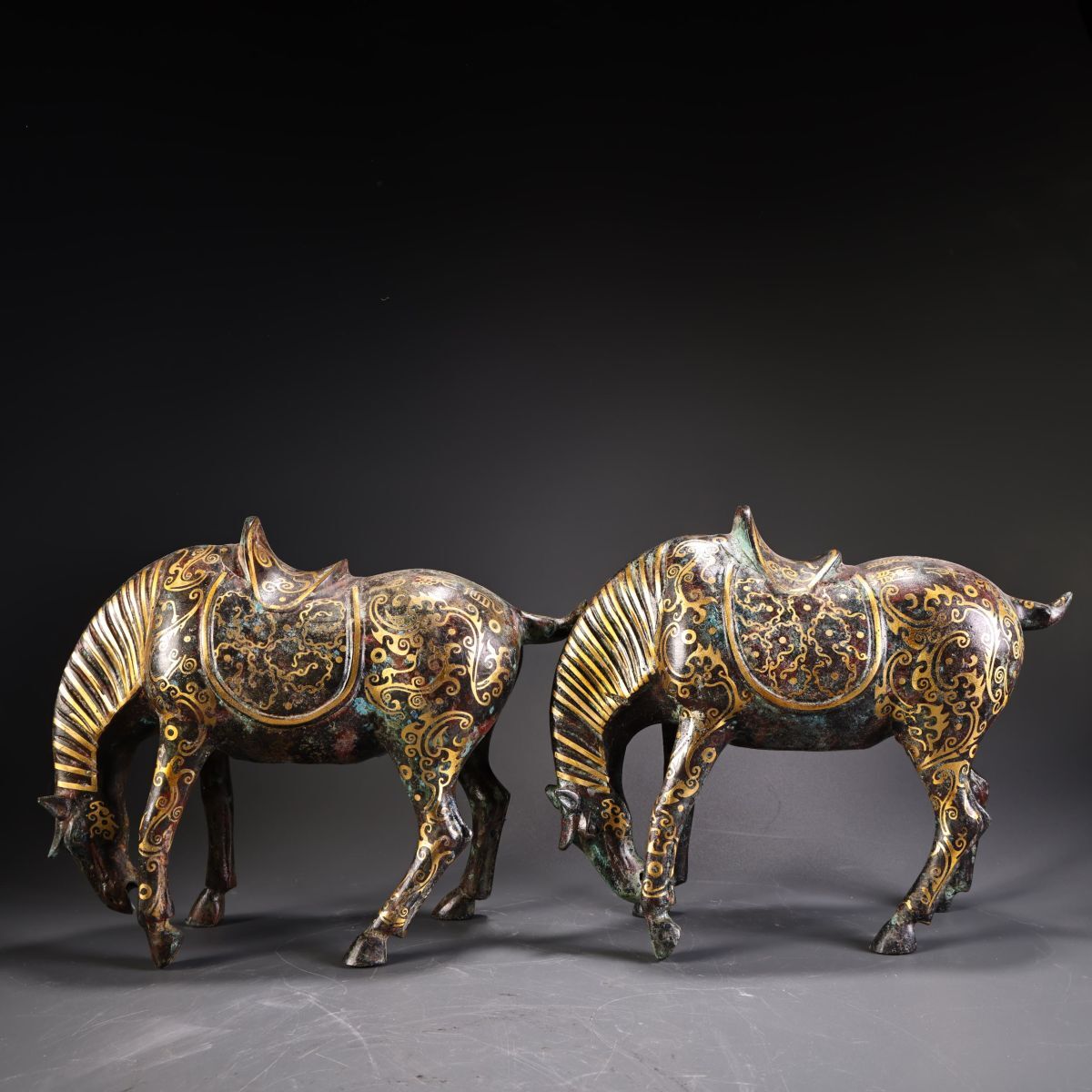 永し 漢代時期 青銅器 錯金 馬尊 一対 極細工 古銅彫 置物擺件