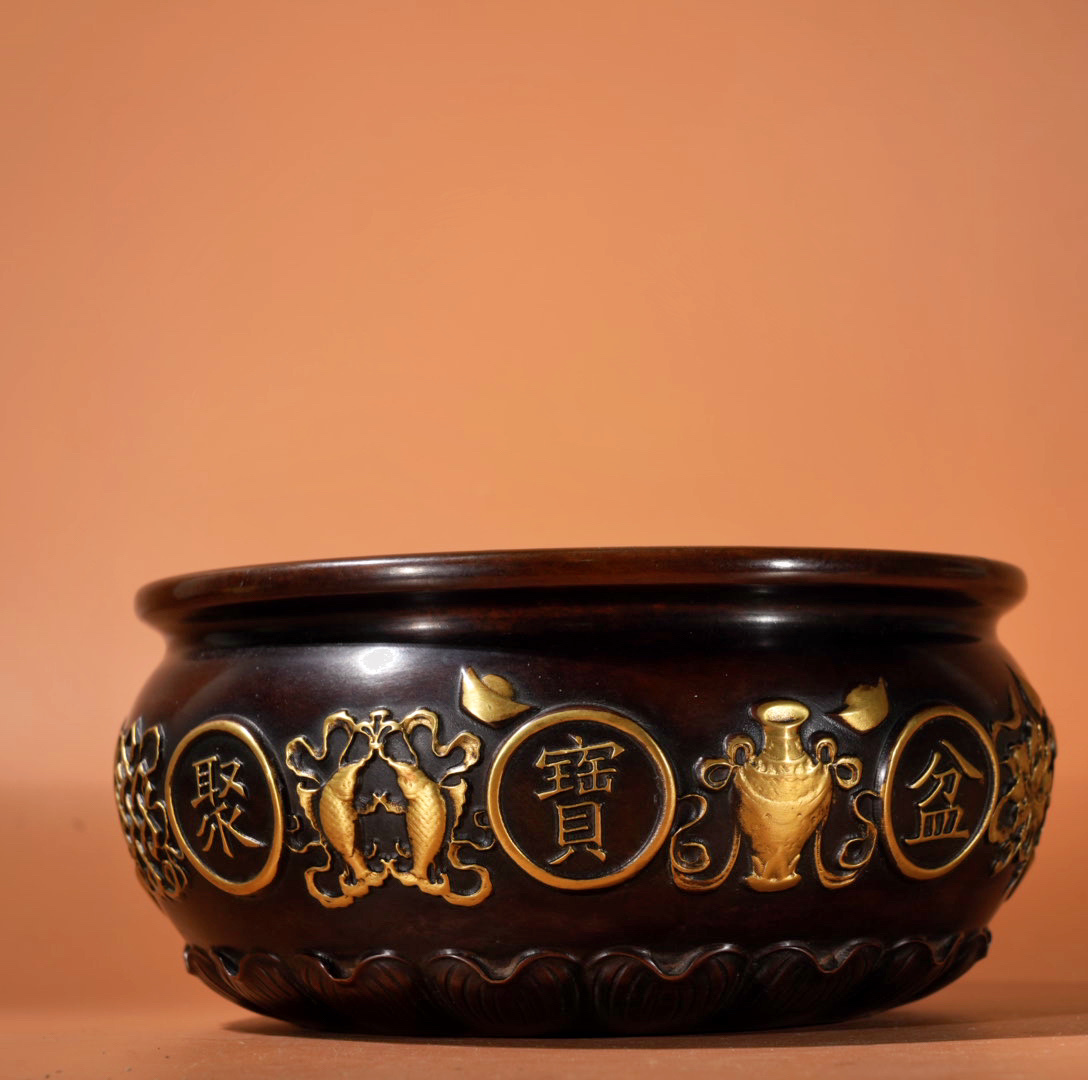 古寶奇蔵】紫銅製・塗金・浮彫・聚寶盆・仏具・宗教・古董品・中国古玩・