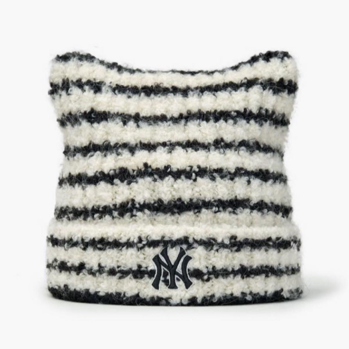 新品】MLB Korea猫耳 ニット帽／ビーニーボーダーaespa カリナ着用