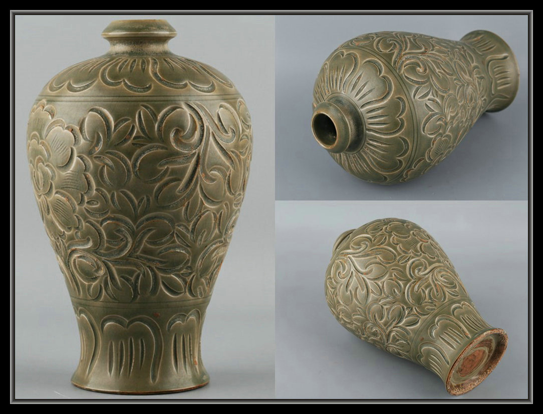 中国 古い 堆黒朱 刻草花紋 瓶 時代物 中国 古い 堆黒朱 刻草花紋 瓶