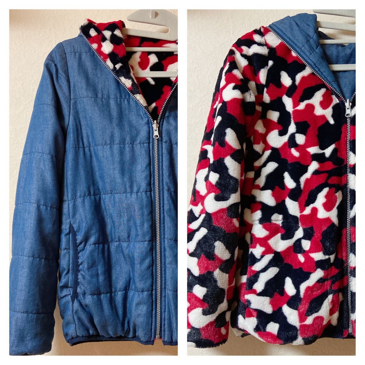 美品・2WAY】the shop TK リバーシブル ボアブルゾン 赤迷彩×デニム風